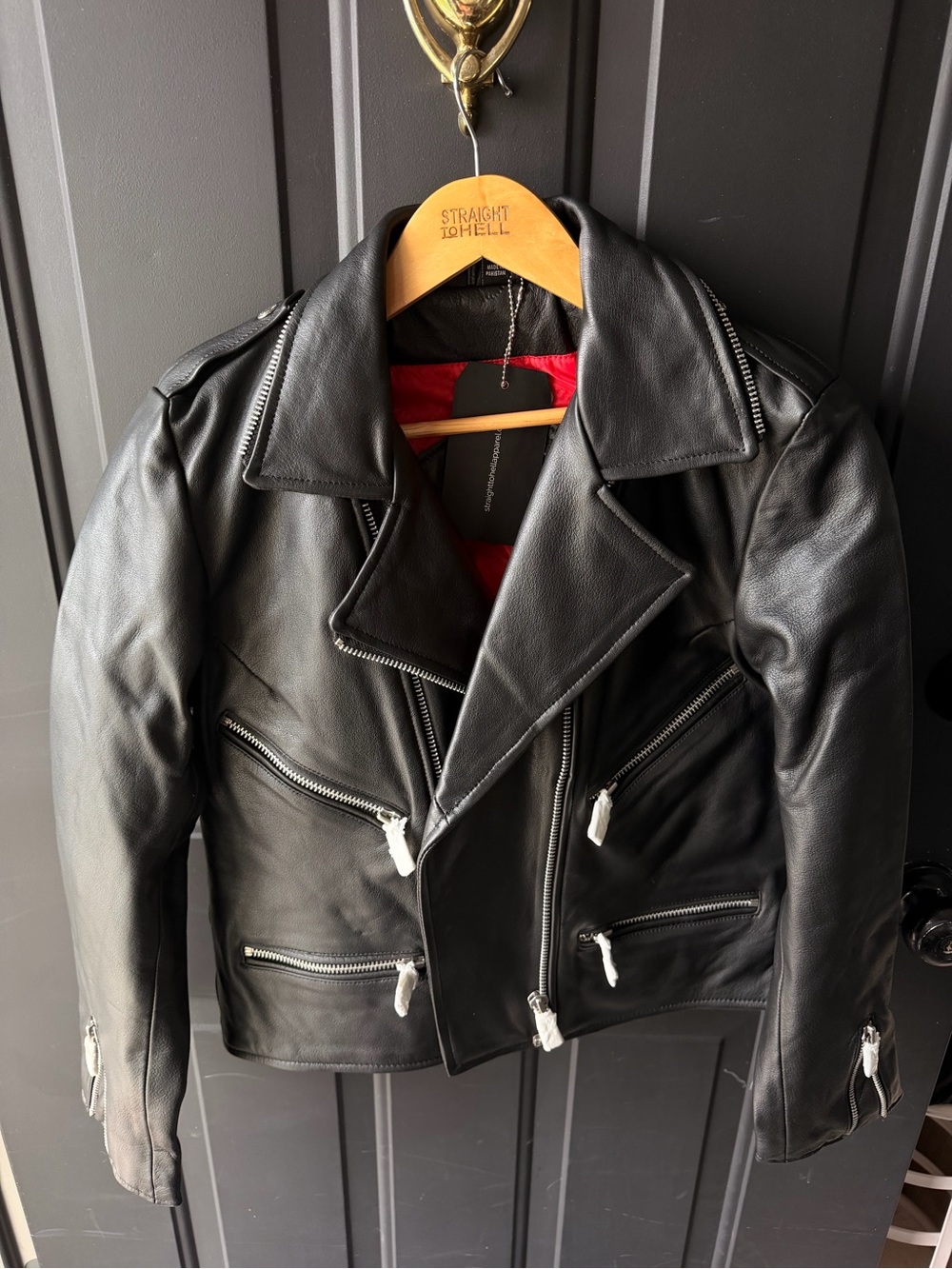 Women’s Black Leather Jacket with Red Lining